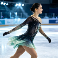 Robe de patinage artistique dégradé menthe-noir à manches longues avec strass et maille, costume de compétition de patinage sur glace personnalisé pour filles et femmes