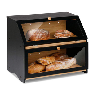 Black Double Layers Bread Box for Kitchen Counter Wooden Large Capacity Bread Storage Bin