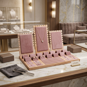 Présentoir de Comptoir Moderne en Bois et Cuir/Daim Noir, Vert, Blanc pour Bijoux et Ornements : Boucles d'Oreilles, Colliers, Bagues - Product Image 1