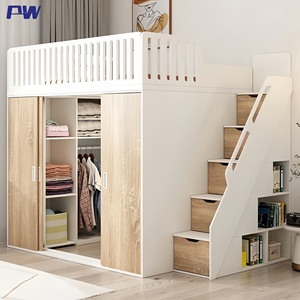 Letto a Soppalco Moderno in Legno con Armadio Integrato, Scala con Vano Portaoggetti per Camera da Letto per <span class=keywords><strong>Adulti</strong></span> - Product Image 1