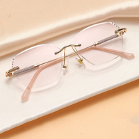 Lunettes de presbytie sans monture bleues à effet diamant pour femmes, lunettes de presbytie élégantes à bordure coupée anti-lumière bleue