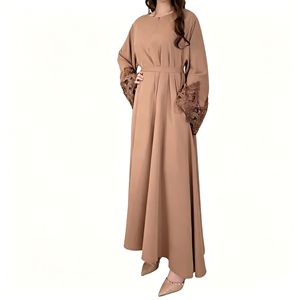 Robe Abaya personnalisable en couleur unie avec poignets en dentelle florale et fermeture éclair sur le devant, vêtements islamiques pour femmes grandes tailles - Product Image 1