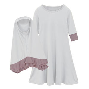 X101 enfants modeste deux pièces ensemble filles à manches longues <span class=keywords><strong>feuille</strong></span> <span class=keywords><strong>de</strong></span> Lotus dentelle robe nœud foulard enfants Abayas coton vêtements musulmans - Product Image 4