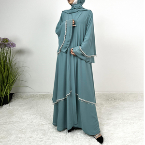 <span class=keywords><strong>Set</strong></span> di 4 Pezzi Abaya per Donne Musulmane di Dubai in Stile Aperto di Alta Qualità con Maniche a Pipistrello in Chiffon e Decorazione con Cintura di Strass - Product Image 1