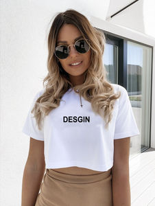 Top corto con estampado personalizado para mujer, Camiseta <span class=keywords><strong>de</strong></span> algodón suave <span class=keywords><strong>de</strong></span> manga corta, etiquetas ecológicas, etiquetas colgantes, gran oferta, estilo informal - Product Image 2