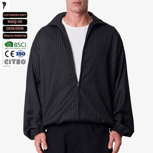 Men Oversized Pinstripe Zip Up <b>Jacket</b> Black Vertical Stripe Stand Collar Elastic Cuff Casual <b>Track</b> <b>Jacket</b> - Product Image 1