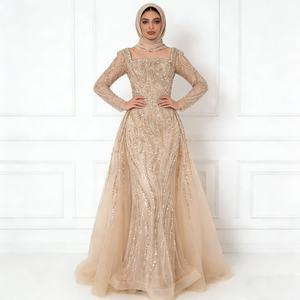 Robes musulmanes élégantes pour femmes, tendance, beige doré, ornées de paillettes, tulle, col carré, manches longues, traîne sirène, longueur au sol - Product Image 2