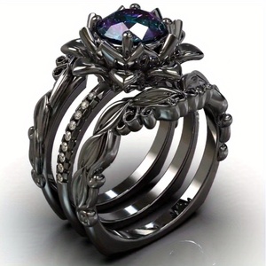 Elegante Juego <span class=keywords><strong>de</strong></span> 3 Anillos <span class=keywords><strong>de</strong></span> Loto Negro con Circonita Cúbica Arcoíris - Perfecto para Compromiso, Aniversario y Fiestas - Product Image 2