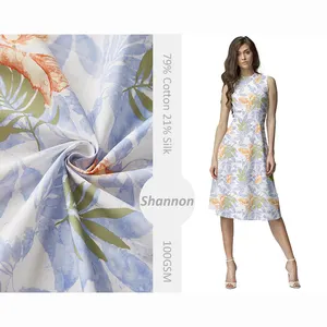 79% Cotton 21% Silk 100gsm Poplin Fabric for Dress China Factory Free Sample Floral Print Women,girls 1 Meter Make-to-order GRS