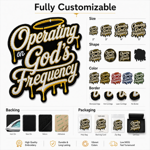 Parches Termoadhesivos Personalizados OEM <span class=keywords><strong>de</strong></span> Alta Calidad con la Frase 'Operating on God's Frequency', Parches Bordados al por Mayor para Gorras, Sudaderas y Accesorios - Product Image 4