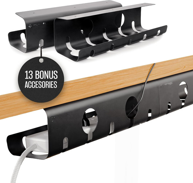 No-Drill 2-Pack Under Desk Cable Management Tray Wire & Cord Organizer Power Strip Holder