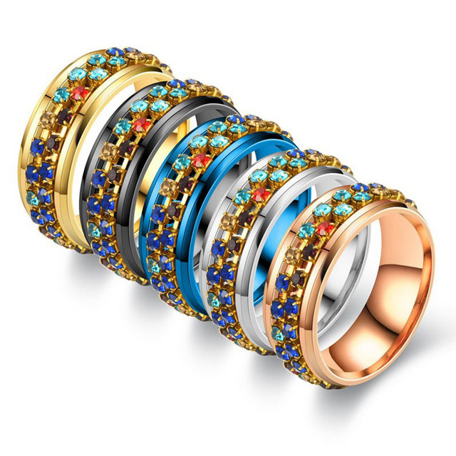 SC Fashion Colorful Diamond Spinner Rings Personalized Inlaid Crystal Zircon Stainless Steel Rotating Fidget Rings for Anxiety