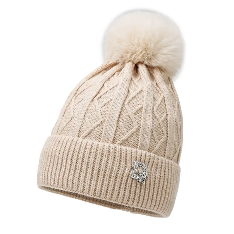 Bonnet côtelé d'hiver pour femmes, bonnet croisé, gros câble, chapeaux d'hiver en tricot, bonnet doux et chaud avec pompon