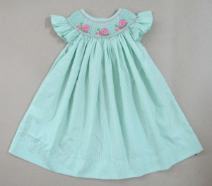 <b>Girls</b> Hand Smocked Mint Stripe <b>Dress</b> <b>Pink</b> Snail Applique Flutter Sleeve Infant Toddler Summer Vacation Outfit - Product Image 6