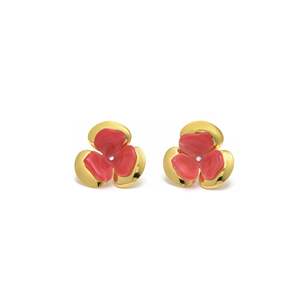 Fine Stud <b>Earrings</b> 316L Stainless Steel PVD Gold Plating <b>Red</b> Flower Design With Diamond Center - Product Image 1