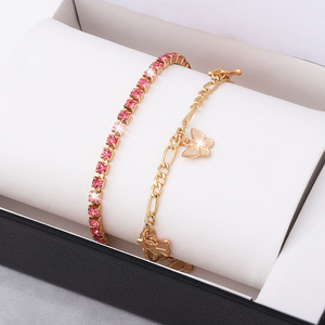 Cute <b>Gold</b> Plated Alloy Butterfly <b>Anklet</b> Set with Pink Rhinestone Chain for Women Gift Fashion Jewelry - Product Image 2