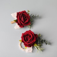 Korsase Pernikahan Mawar Merah Buatan Tangan untuk Pengantin dan Pengiring Pengantin Bunga Sutra Gaya Eropa Grosir Lintas Batas