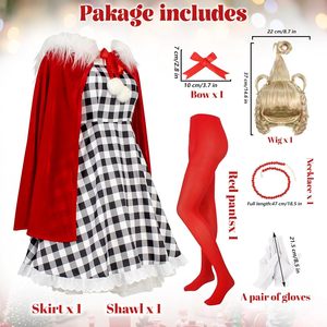 YUIQPKJX Elf Costume Adult Christmas Outfit Plaid Dress Red Cape Wig Gloves Holiday Costume - Product Image 5