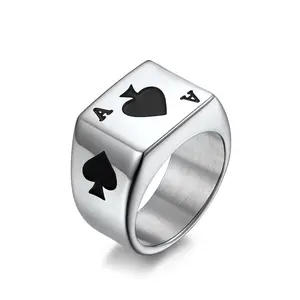 Drop Shipping Men's Stainless Steel Ring Silver Tone Black Ace Of Spades Poker Card