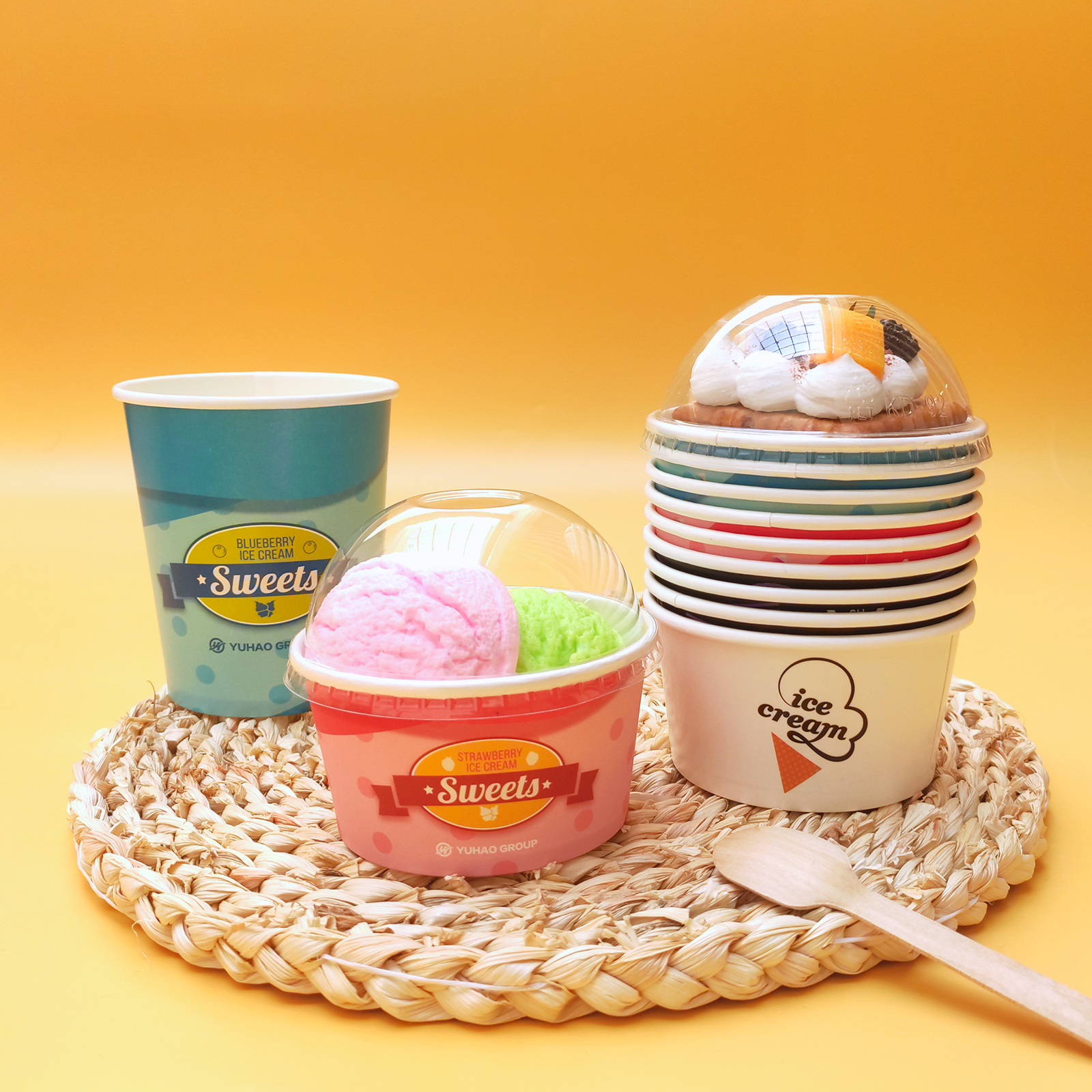 Food Grade Recycled 50 ml 100ml 150ml 250ml Icecream Papercup Custom Printed Disposable Ice Cream Paper Cups with Lid
