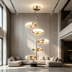 Lampadario a sospensione LED verticale moderno di lusso a 5 anelli a <span class=keywords><strong>spirale</strong></span>, lampada circolare sfalsata in oro lucido per scale - Product Image 3