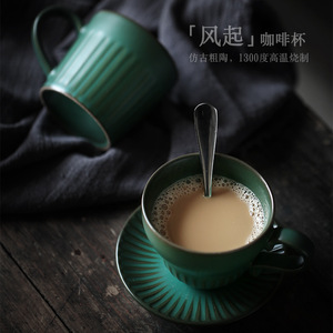 แก้วกาแฟเซรามิก Shangyan พร้อมจานรอง สีเขียวเข้ม แก้วชาเซรามิกเนื้อหยาบ สำหรับน้ำชายามบ่าย รูปทรงกระบอก สีพื้น ชุดเซ็ต - Product Image 5