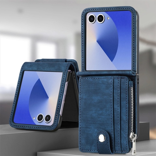 For Samsung Z Flip 7 6 5 Luxury Leather Zipper Wallet Mobile Phone Case With Detachable Wallet Kickstand Shockproof Phone Cover