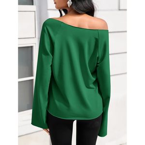 Hauts pour femmes à épaules dénudées, pull oversize à manches longues, chemisier en tricot respirant vert, grande taille - Product Image 5