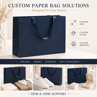 Sacs shopping en papier bleu marine de luxe personnalisés avec logo, poignées en ruban, emballage cadeau recyclable pour vêtements, vente en gros