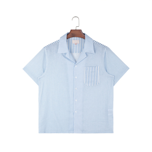 Camicie da uomo personalizzate casual in cotone seersucker a righe patchwork con bottoni, maniche corte, <span class=keywords><strong>colletto</strong></span> cubano, orlo <span class=keywords><strong>dritto</strong></span>, per il tempo libero - Product Image 1