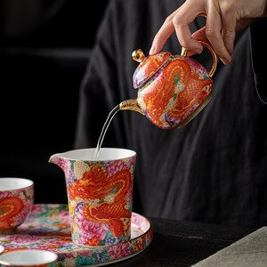 Service à thé en émail de style chinois, théière en porcelaine Kung Fu avec couvercle, coffret cadeau, usage domestique, année du Dragon 2024 - Product Image 3