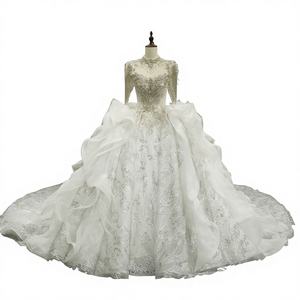 Vestido de Novia Moderno GT26057 con Cuello Alto, Borlas, Volantes, Cola de Capilla, Encaje, Lentejuelas y Flores, Largo hasta el Suelo - Product Image 1