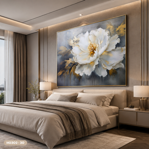 Peinture sur soie de luxe, fleur de pivoine, art mural, décoration intérieure, tissu en soie fait main, design or et blanc, Vietnam OEM ODM, modèle H0302-30 - Product Image 6
