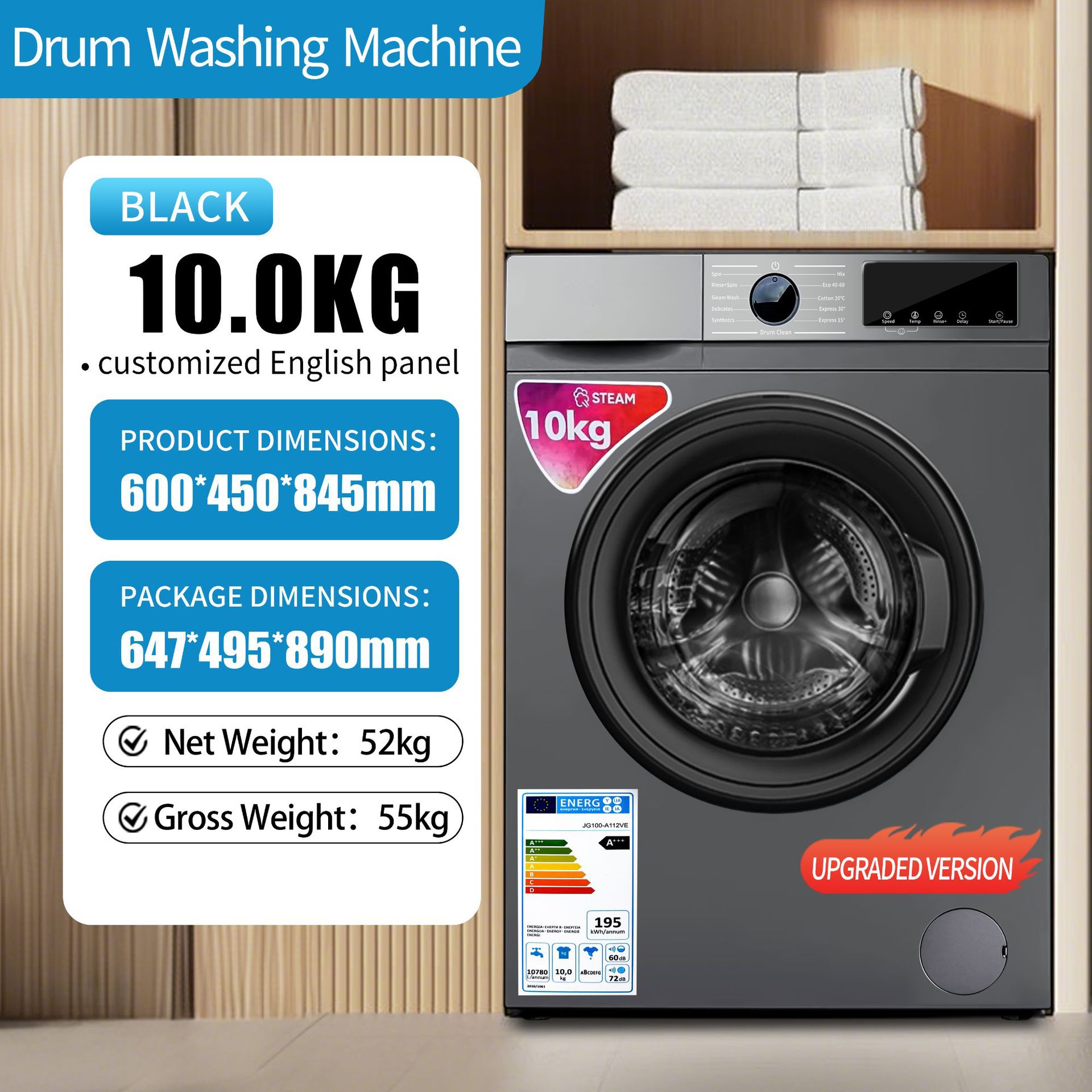 Machine à laver à tambour gris 10kg-prise européenne anglaise