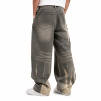 Celana Jeans Denim Abu-abu Tua dengan Model Kaki Balon yang Santai, Efek Whisker Horizontal, dan Aksen Abrasi di Bagian Bawah Kaki