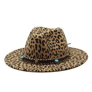Cappello Panama floscio con stampa leopardata Vintage cappelli Fedora a tesa piatta in feltro di lana Jazz economici per le donne