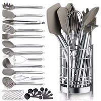 Lot de 33 ustensiles de cuisine en acier inoxydable et silicone, résistants à la chaleur et antiadhésifs, avec seau de rangement