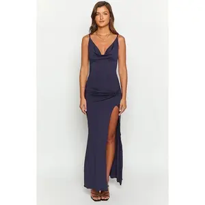 Hot Sale Navy Blue Sleeveless Pleated Adjustable Shoulder Strap Satin Maxi Evening Dress