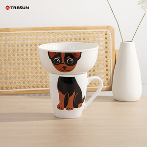 Vente en gros prix d'usine 12 oz pas cher petit déjeuner mignon minou chiot motif décalcomanie tasse en porcelaine et bol ensemble de vaisselle - Product Image 4
