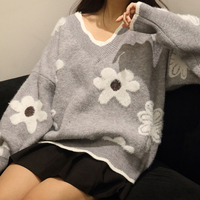 Damen Loose Knit Casual Winter Pullover Langarm V-Ausschnitt Floral Lace Jacquard Top für Frauen