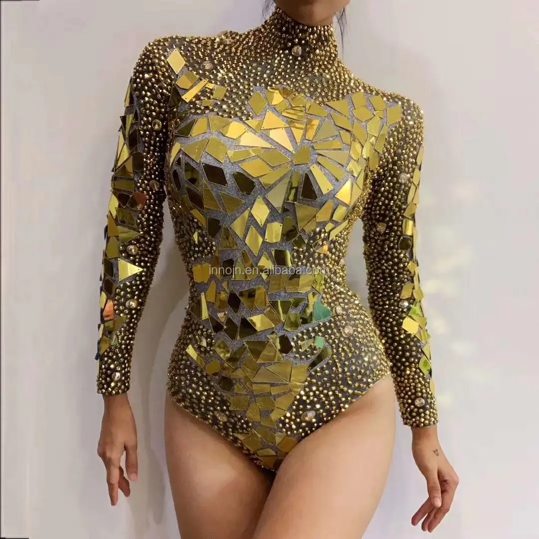 Gold Bright Rhinestone Mirrors Bodysuit Women"s Birthday Celebrate Outfit Bar Singer Dancer Show Stretch Dance Costume
