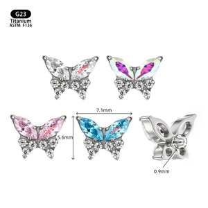 G23 <b>Titanium</b> Butterfly Earrings 7.1mm Zircon <b>Studs</b> For Ear Lip Nose Piercing Jewelry - Product Image 1