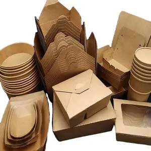 Kraft kahverengi kağıt kutuları mikrodalgada sızıntı ve yağa dayanıklı gıda kapları çıkar-restoran için konteynerlere gitmek, Cate