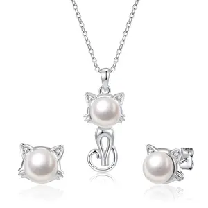Conjunto de joyería de gato de Plata de Ley 925 con perlas de agua dulce, diseño Original