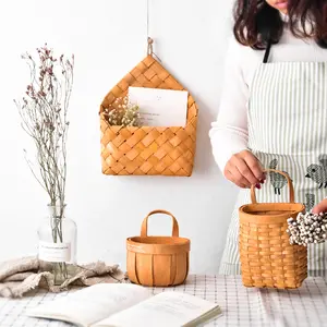 Suspendu panier en osier Tissé à La Main Panier De Rangement En Bois Portable Tenture Murale Fleur Panier Organisateur Fruits Légumes Jouets Rotin B