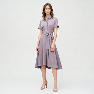 เดรสเชิ้ตแขน<span class=keywords><strong>สั้น</strong></span>สีลาเวนเดอร์สำหรับ<span class=keywords><strong>ผู้หญิง</strong></span> พร้อมเข็มขัด ทรงมิดิ ชา<span class=keywords><strong>ย</strong></span>กระโปรงบาน เหมาะสำหรับใส่ทำงานลำลอง - Product Image 1