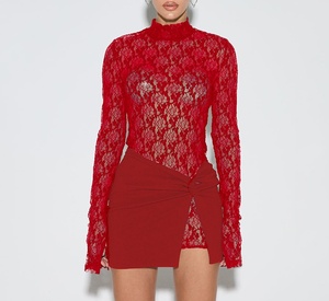 2025 nuovo arrivo abito tinta unita <span class=keywords><strong>pizzo</strong></span> trasparente a maniche lunghe Mini gonna due pezzi lavorato a <span class=keywords><strong>maglia</strong></span> completo da donna - Product Image 5