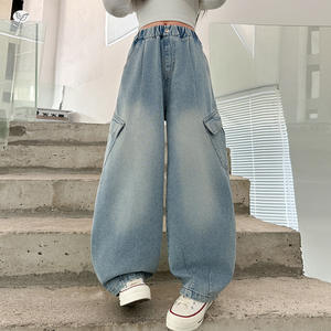 <strong>Girls</strong>' Workwear Denim Jeans 2026 Spring New Style Older Kids' Big Pocket Cut-Out Washed High Waist Casual Wide-Leg <strong>Trousers</strong> - Product Image 2
