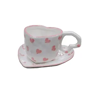 Creative Ins Inted Irregular Cute Pink Handmade Bone China Porcelain Heart Shape Love Mug Ceramic Coffee Cup And Saucer Set