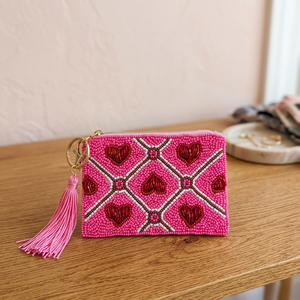 Jaunty <b>Pink</b> Canvas Beaded Coin Pouch Heart Pattern Tassel Zipper Bag Customized Shape Travel Fashion Embroidery Design Uttar - Product Image 2